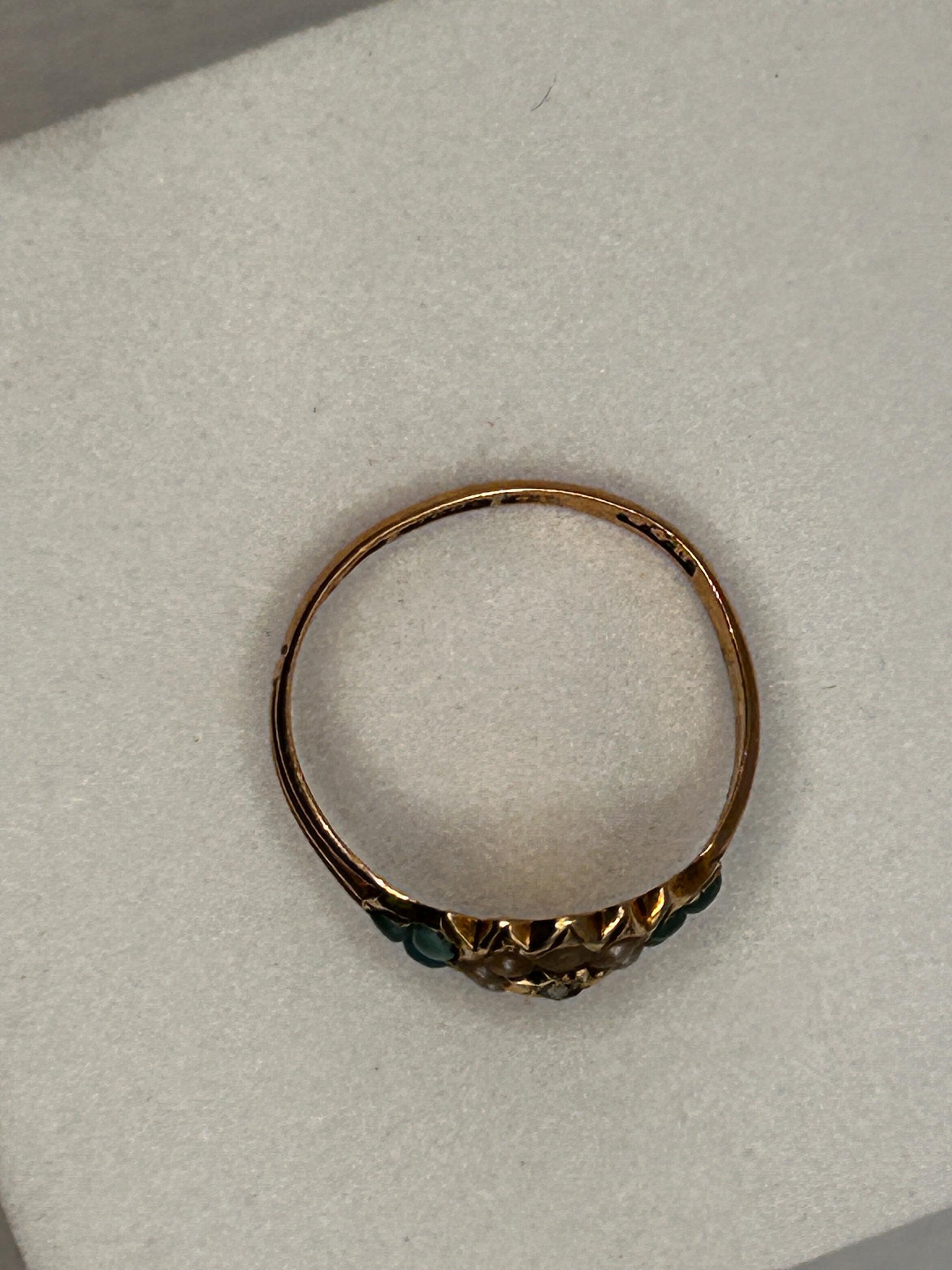 Antique - Rare Victorian 15ct Gold Turquoise and Seed Pearl Rose Cut Diamond Dainty Star Ring