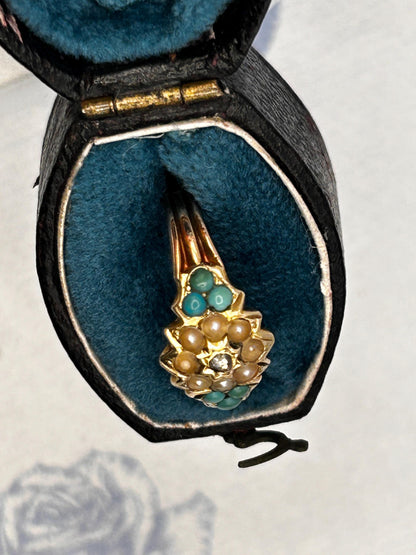 Antique - Rare Victorian 15ct Gold Turquoise and Seed Pearl Rose Cut Diamond Dainty Star Ring