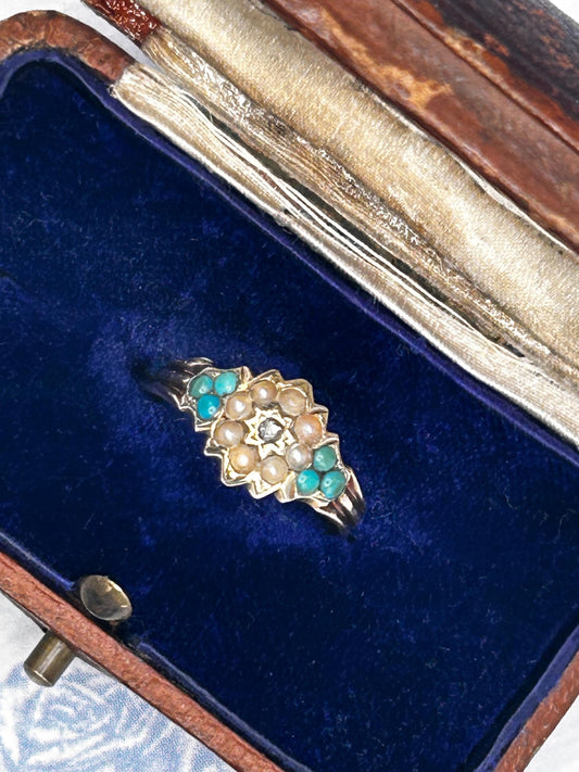 Antique - Rare Victorian 15ct Gold Turquoise and Seed Pearl Rose Cut Diamond Dainty Star Ring