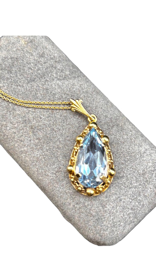 Vintage Mid-Century 14ct Gold Large Aquamarine Pendant with Chain