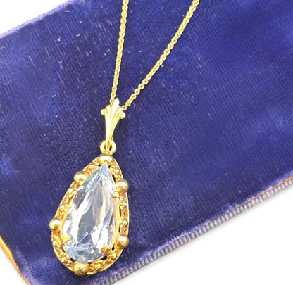 Vintage Mid-Century 14ct Gold Large Aquamarine Pendant with Chain