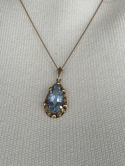 Vintage Mid-Century 14ct Gold Large Aquamarine Pendant with Chain