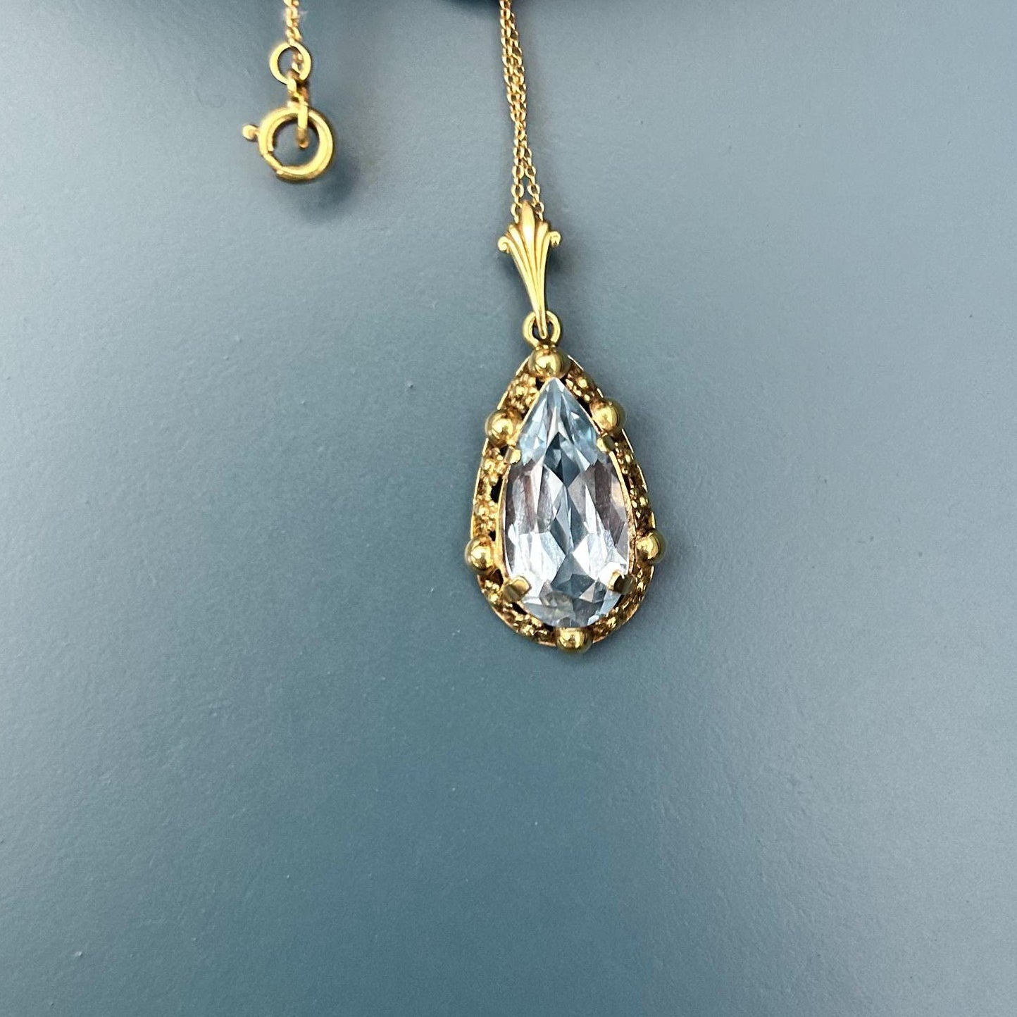 Vintage Mid-Century 14ct Gold Large Aquamarine Pendant with Chain