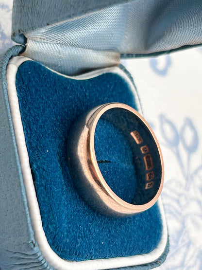 Edwardian Rose Gold 9ct Wide Wedding Band 7mm Wide / Antique Band England Old English Jewellery Size R - US 9