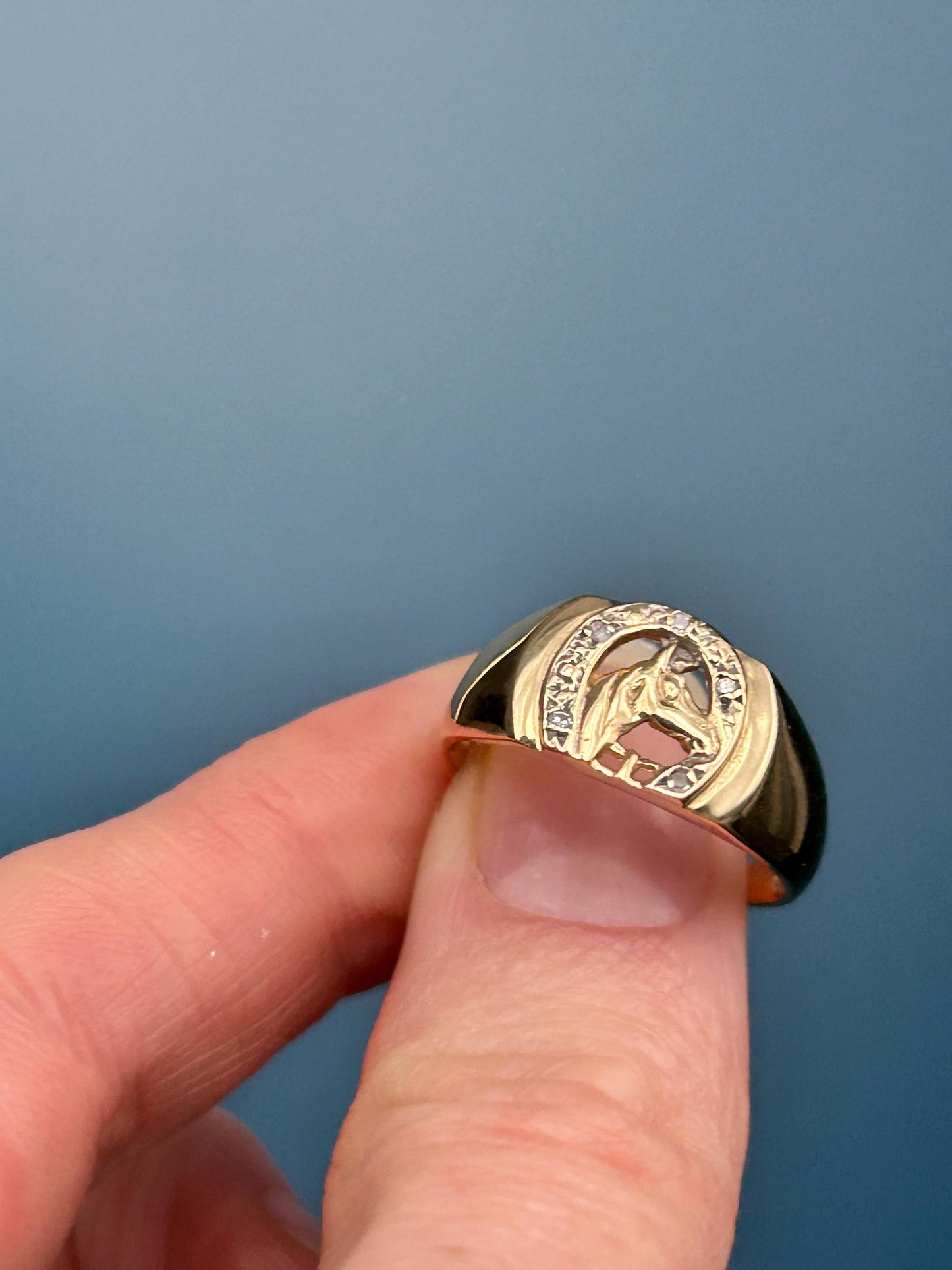 Vintage 9ct Gold Horse Equestrian Ring with Diamonds UK - N / US - 7 - Lucky Horseshoe Jewellery