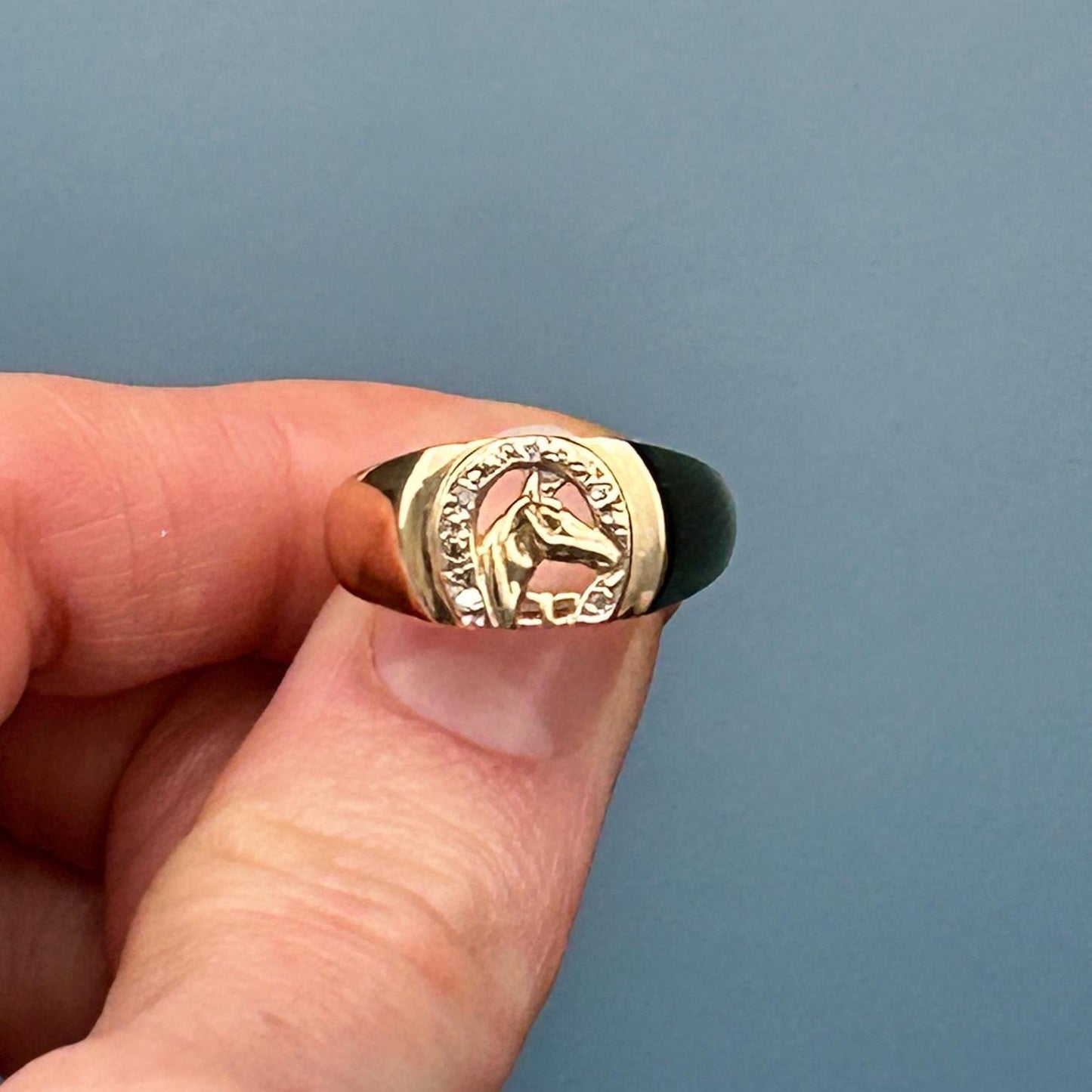 Vintage 9ct Gold Horse Equestrian Ring with Diamonds UK - N / US - 7 - Lucky Horseshoe Jewellery