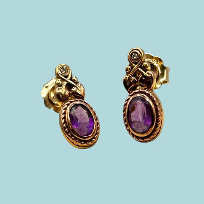 Vintage Clogau 9ct Gold Amethyst and Diamond Stud earrings - Pretty Everyday Earrings Dainty Jewellery February