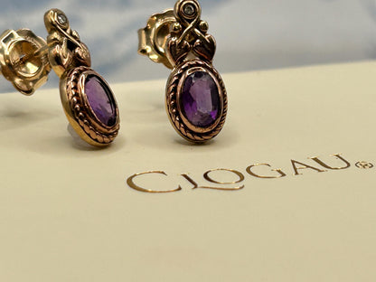Vintage Clogau 9ct Gold Amethyst and Diamond Stud earrings - Pretty Everyday Earrings Dainty Jewellery February