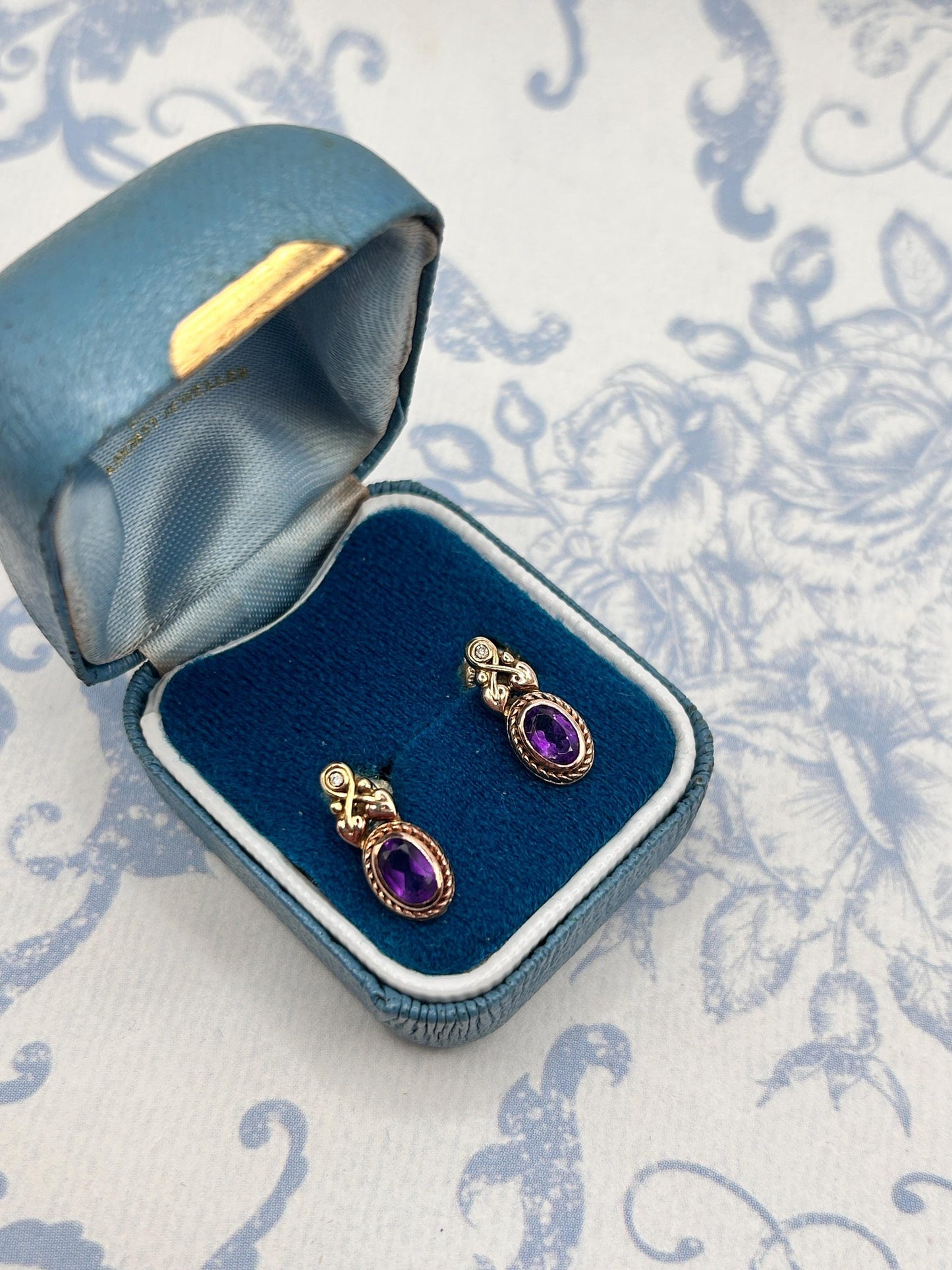 Vintage Clogau 9ct Gold Amethyst and Diamond Stud earrings - Pretty Everyday Earrings Dainty Jewellery February