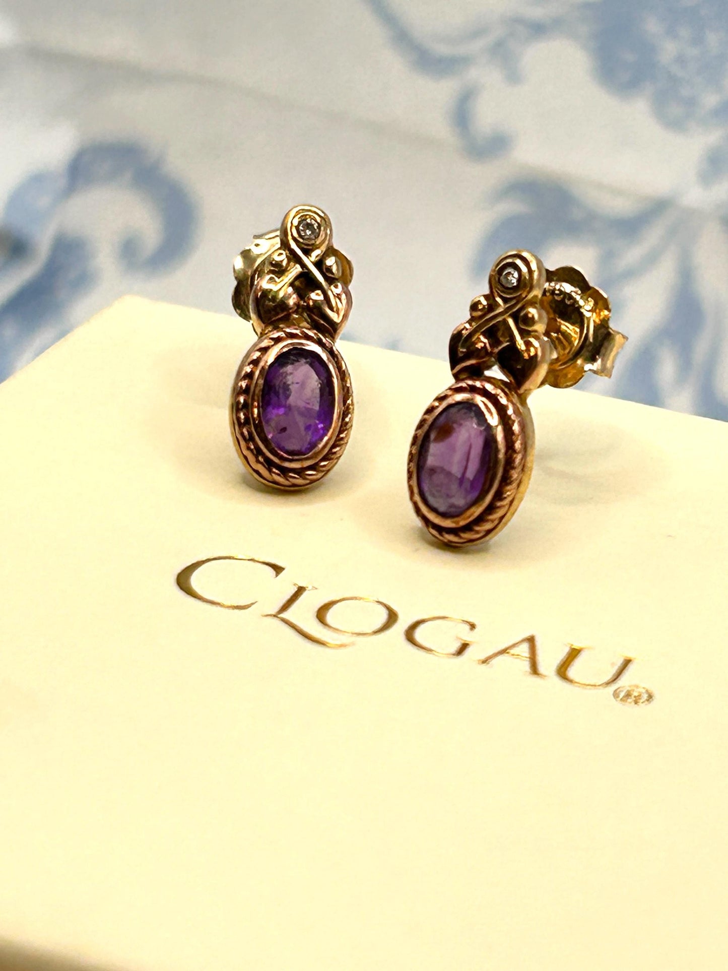 Vintage Clogau 9ct Gold Amethyst and Diamond Stud earrings - Pretty Everyday Earrings Dainty Jewellery February