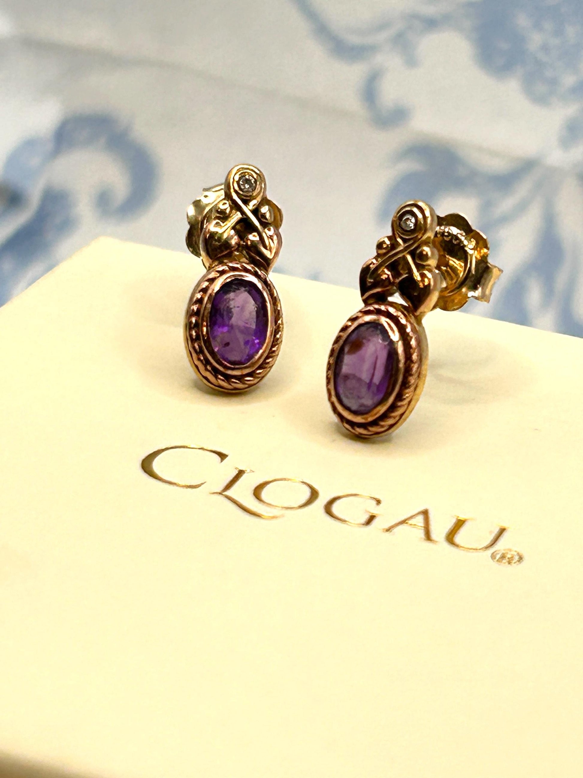 Vintage Clogau 9ct Gold Amethyst and Diamond Stud earrings - Pretty Everyday Earrings Dainty Jewellery February