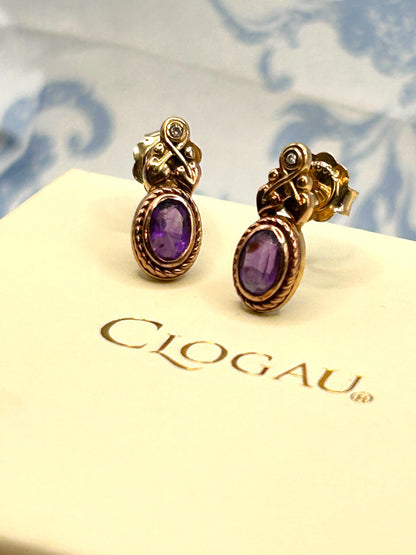Vintage Clogau 9ct Gold Amethyst and Diamond Stud earrings - Pretty Everyday Earrings Dainty Jewellery February