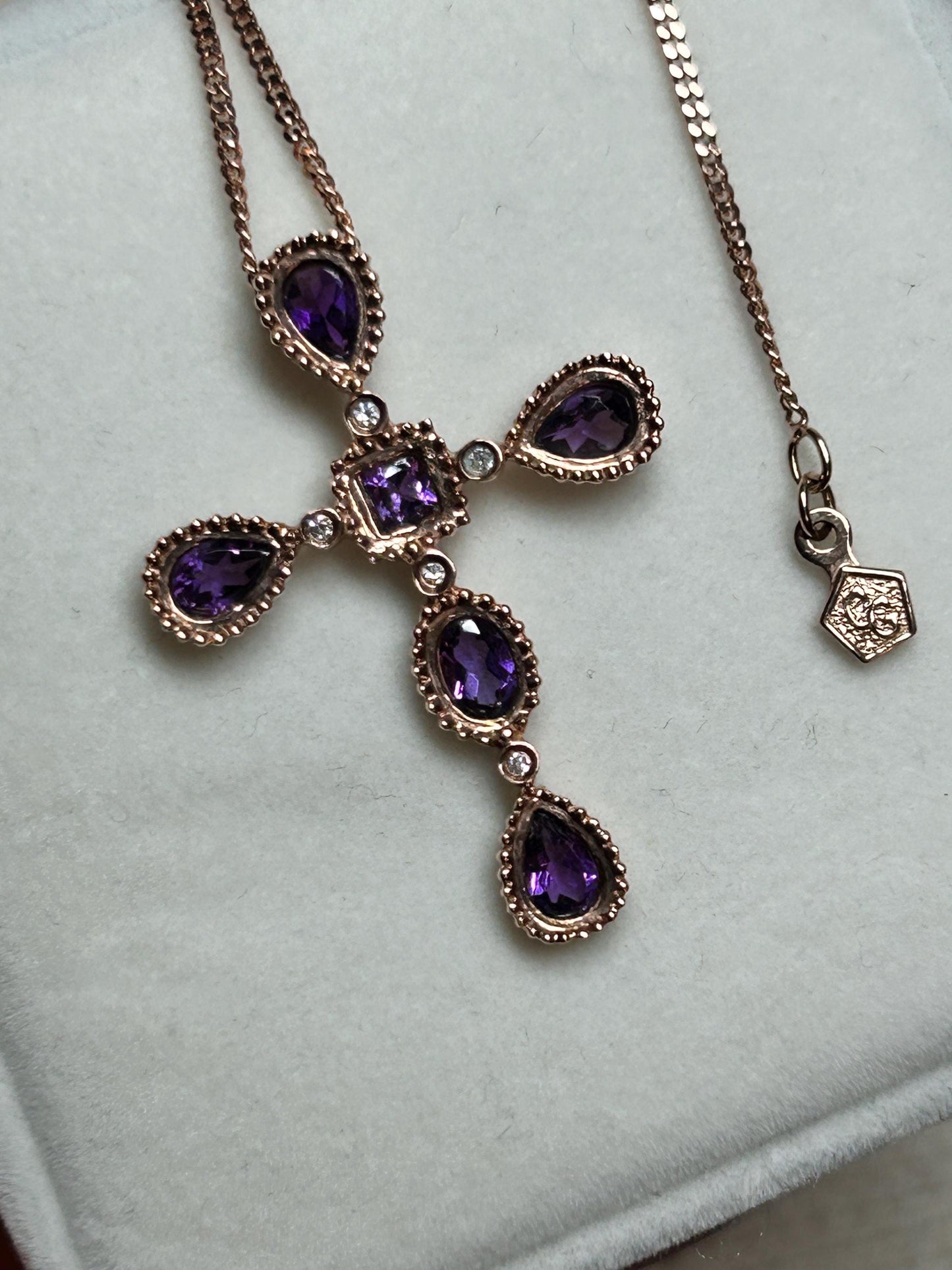 Vintage Clogau 9ct Rose Gold Amethyst and Diamond Cross Necklace with Chain - Christening Gift/ Christmas Jewelry