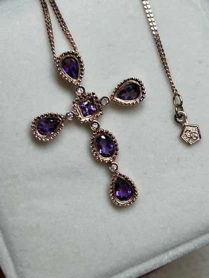 Vintage Clogau 9ct Rose Gold Amethyst and Diamond Cross Necklace with Chain - Christening Gift/ Christmas Jewelry
