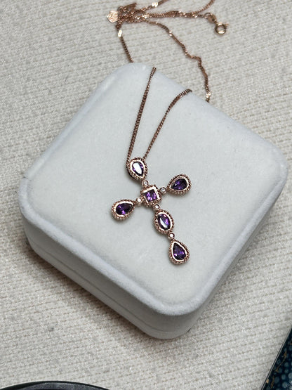 Vintage Clogau 9ct Rose Gold Amethyst and Diamond Cross Necklace with Chain - Christening Gift/ Christmas Jewelry