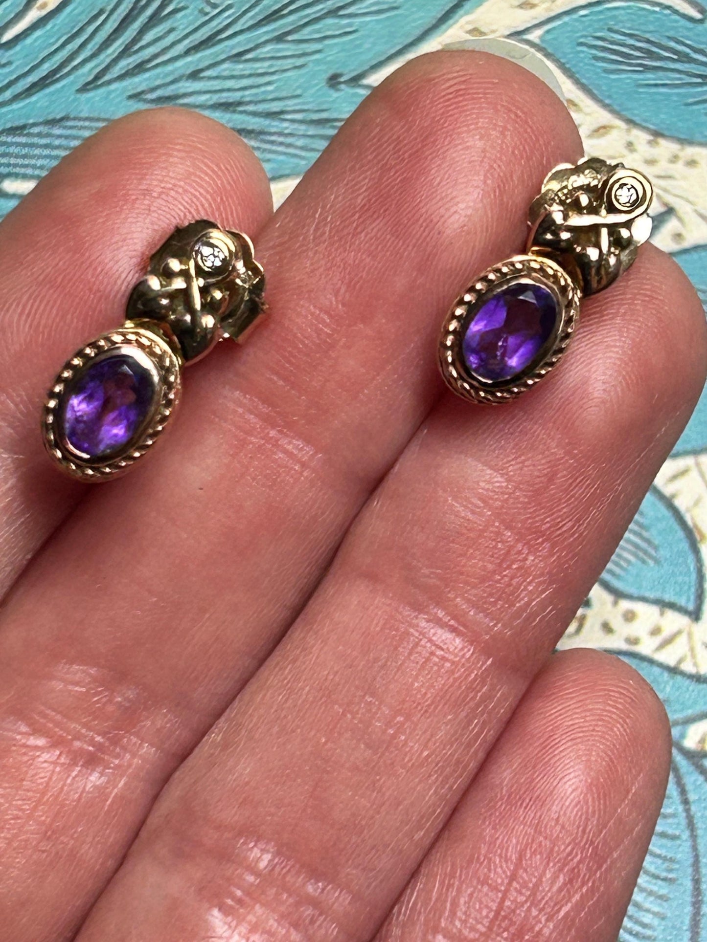 Vintage Clogau 9ct Gold Amethyst and Diamond Stud earrings - Pretty Everyday Earrings Dainty Jewellery February