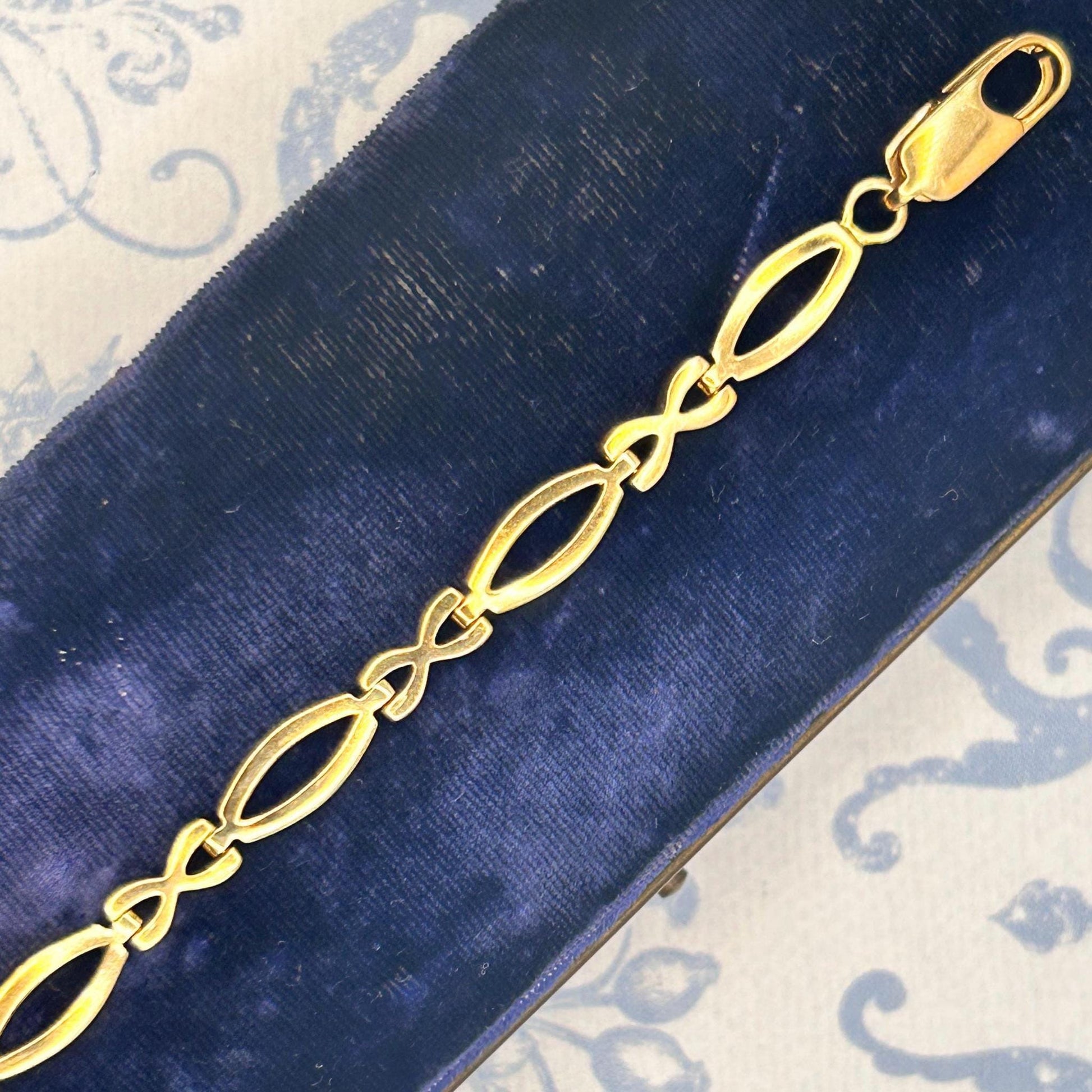 Vintage 9ct Yellow Gold Kisses Link Bracelet 7.5" - Solid Gold Jewellery Fancy Bracelet Cocktail Jewelry