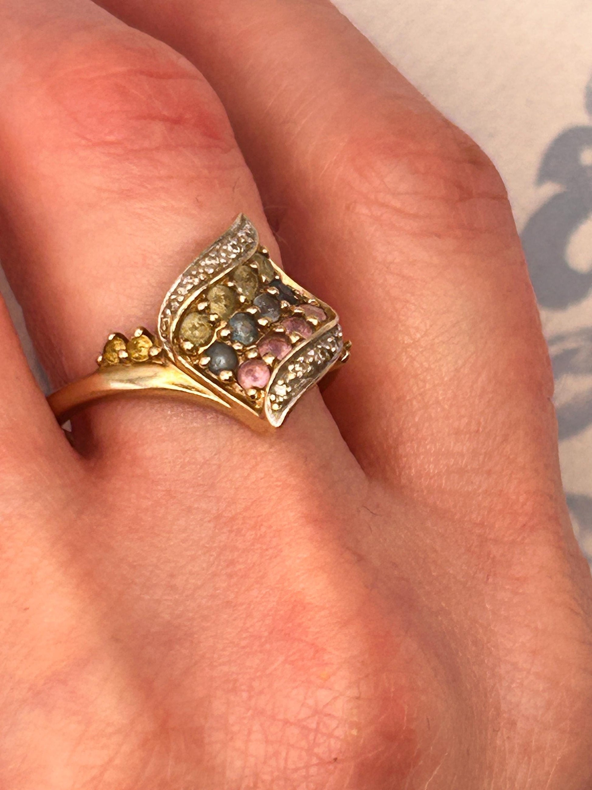 Vintage 9ct Gold Dress Ring with Diamond and Multi Sapphires Size N/ 7 - Cocktail Jewellery