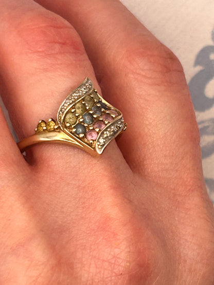 Vintage 9ct Gold Dress Ring with Diamond and Multi Sapphires Size N/ 7 - Cocktail Jewellery