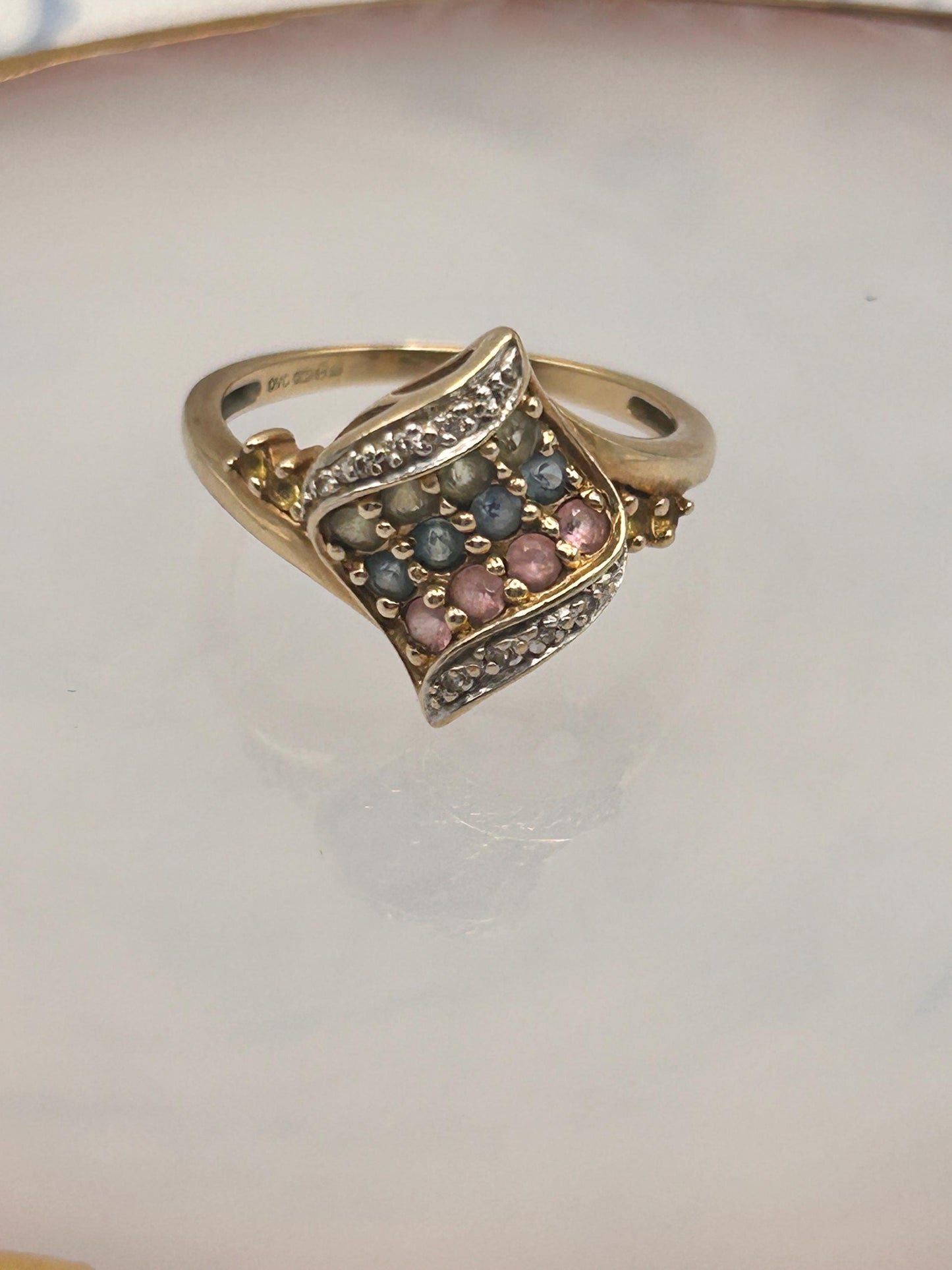 Vintage 9ct Gold Dress Ring with Diamond and Multi Sapphires Size N/ 7 - Cocktail Jewellery