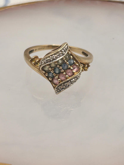 Vintage 9ct Gold Dress Ring with Diamond and Multi Sapphires Size N/ 7 - Cocktail Jewellery