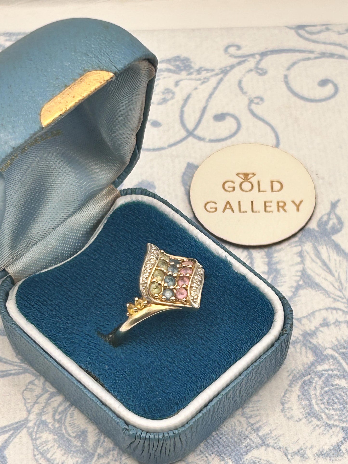 Vintage 9ct Gold Dress Ring with Diamond and Multi Sapphires Size N/ 7 - Cocktail Jewellery
