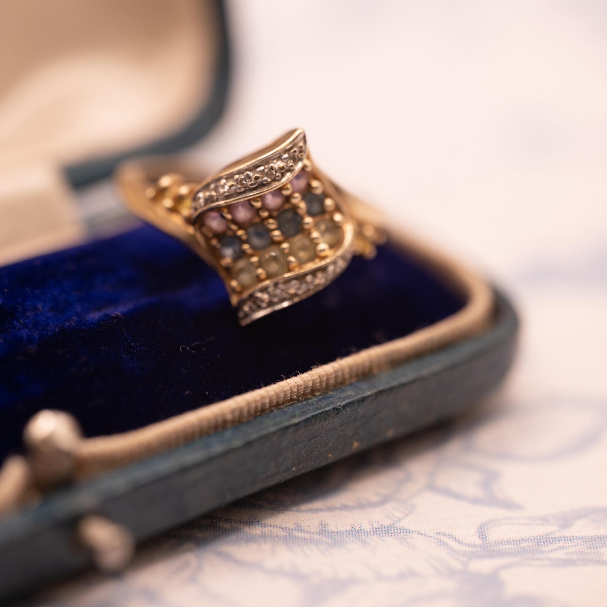 Vintage 9ct Gold Dress Ring with Diamond and Multi Sapphires Size N/ 7 - Cocktail Jewellery