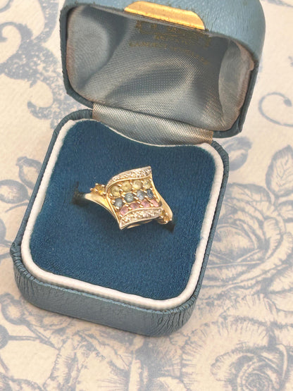 Vintage 9ct Gold Dress Ring with Diamond and Multi Sapphires Size N/ 7 - Cocktail Jewellery