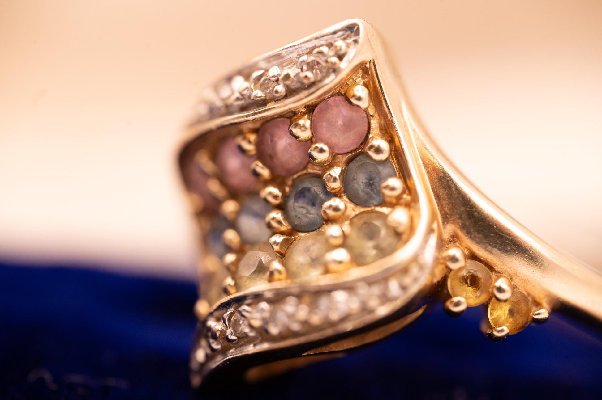Vintage 9ct Gold Dress Ring with Diamond and Multi Sapphires Size N/ 7 - Cocktail Jewellery
