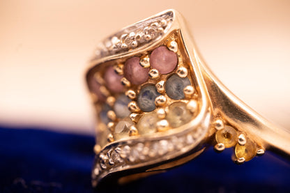 Vintage 9ct Gold Dress Ring with Diamond and Multi Sapphires Size N/ 7 - Cocktail Jewellery