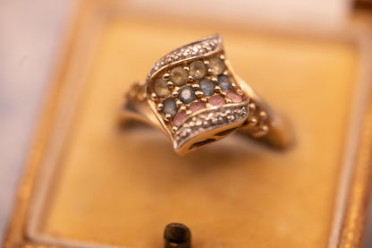 Vintage 9ct Gold Dress Ring with Diamond and Multi Sapphires Size N/ 7 - Cocktail Jewellery