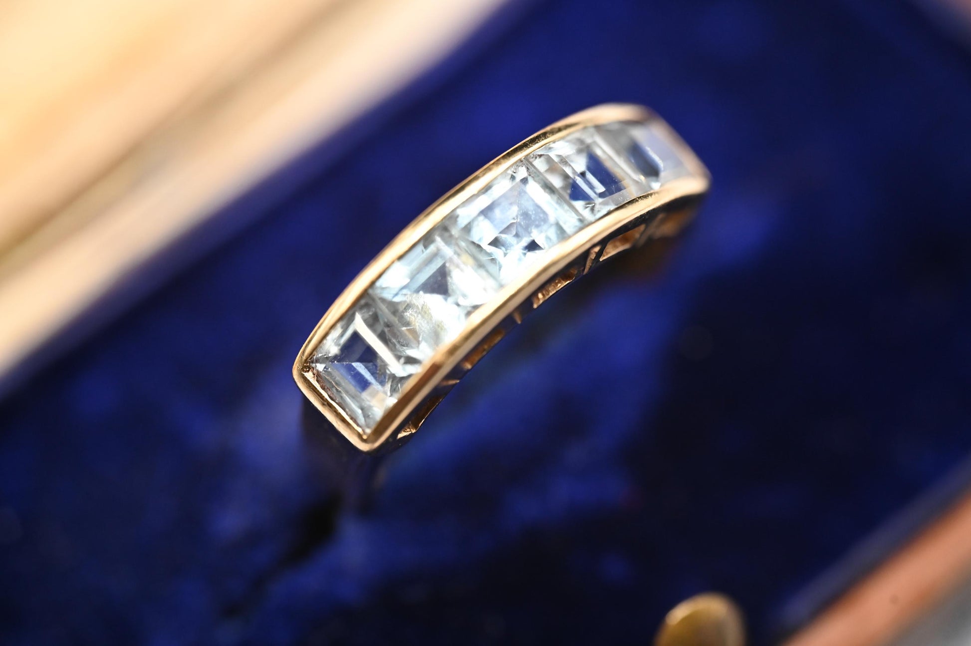 Vintage Statement 9 ct Gold Blue Topaz Eternity Cocktail Ring, Stack Band Jewellery Size UK J US 5