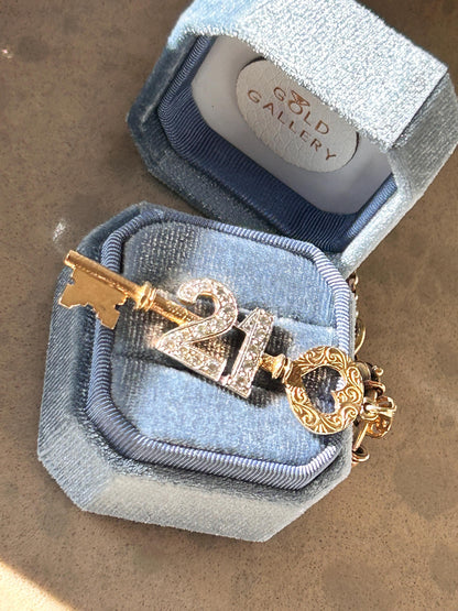 Vintage 9ct Gold CZ '21' Large Key Pendant - Milestone jewellery