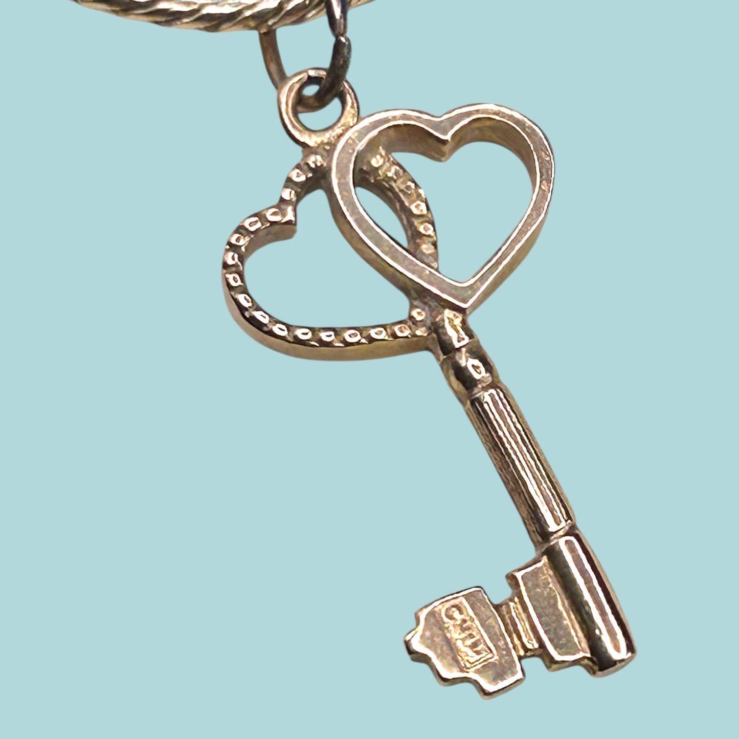 Antique (1927) 9ct Gold Double Heart Key Charm Pendant - Collectors Charms 9k Gold