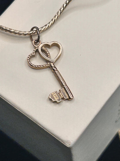 Antique (1927) 9ct Gold Double Heart Key Charm Pendant - Collectors Charms 9k Gold
