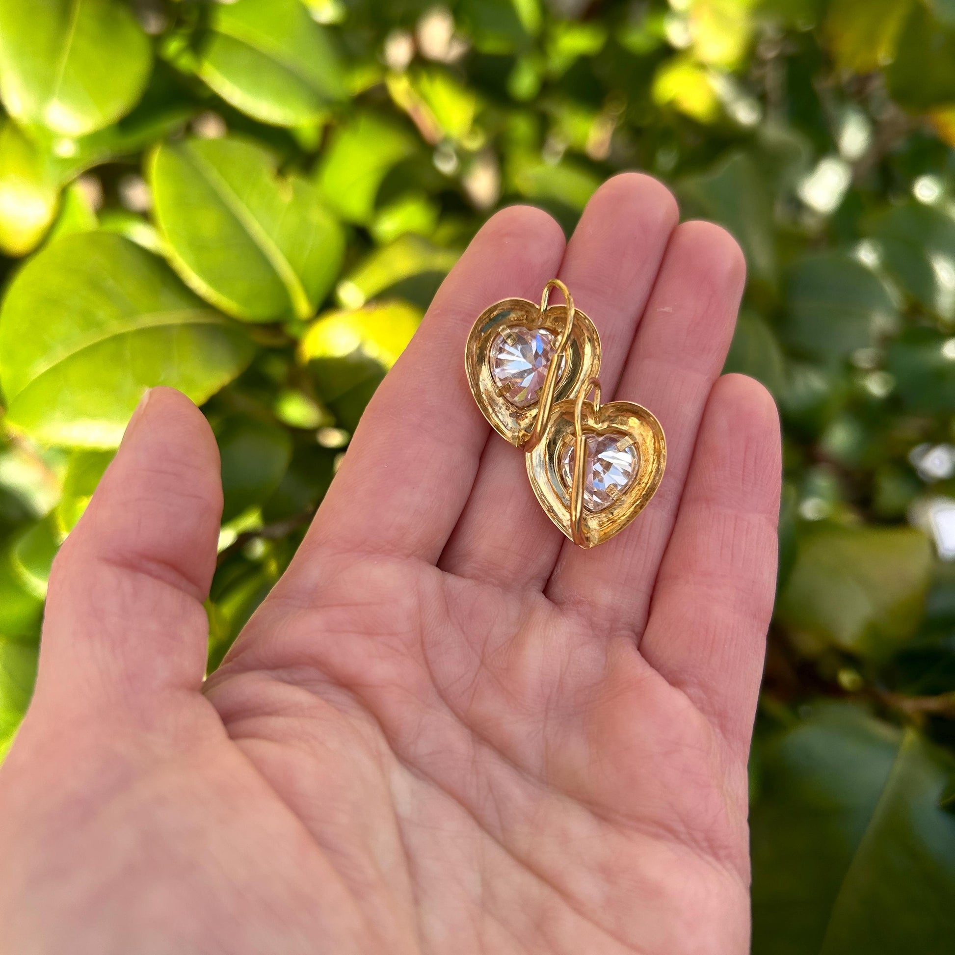 Vintage Italian 18ct Gold White Rhinestone Heart Latchback Earrings