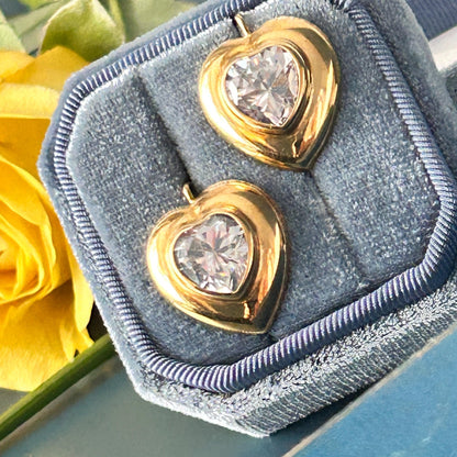 Vintage Italian 18ct Gold White Rhinestone Heart Latchback Earrings