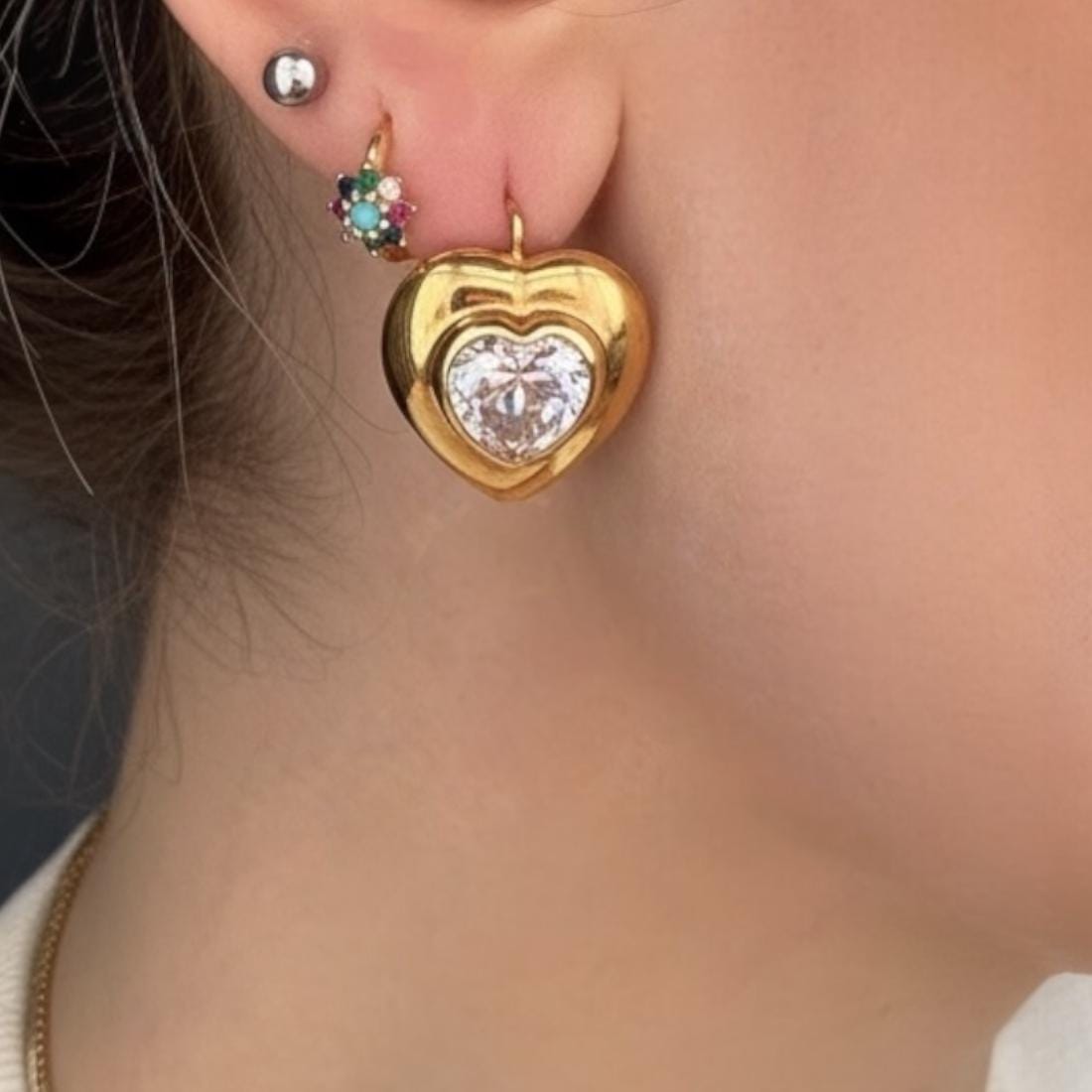 Vintage Italian 18ct Gold White Rhinestone Heart Latchback Earrings