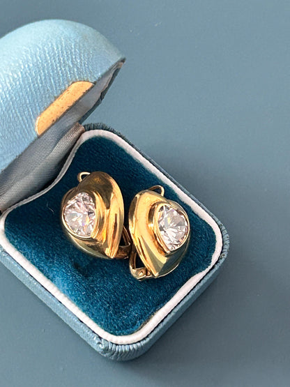 Vintage Italian 18ct Gold White Rhinestone Heart Latchback Earrings