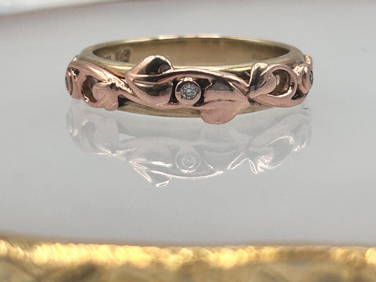 Clogau Tree of Life Band with Rose and Yellow Gold and Diamonds UK Size M 1/2 US: 6.5