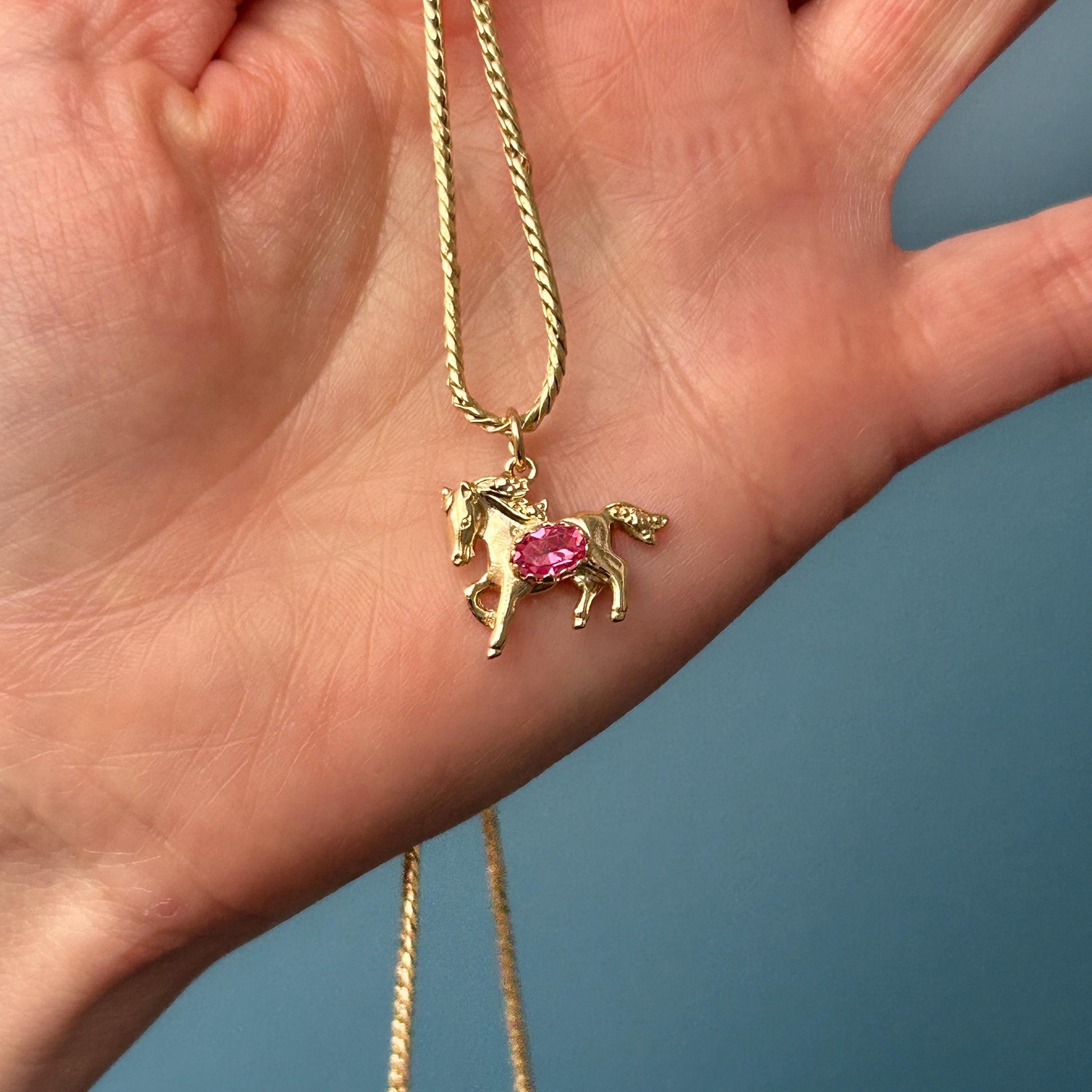 Vintage 9ct Gold Pony with Pink Topaz Pendant - Equestrian Jewellery Horse Charm