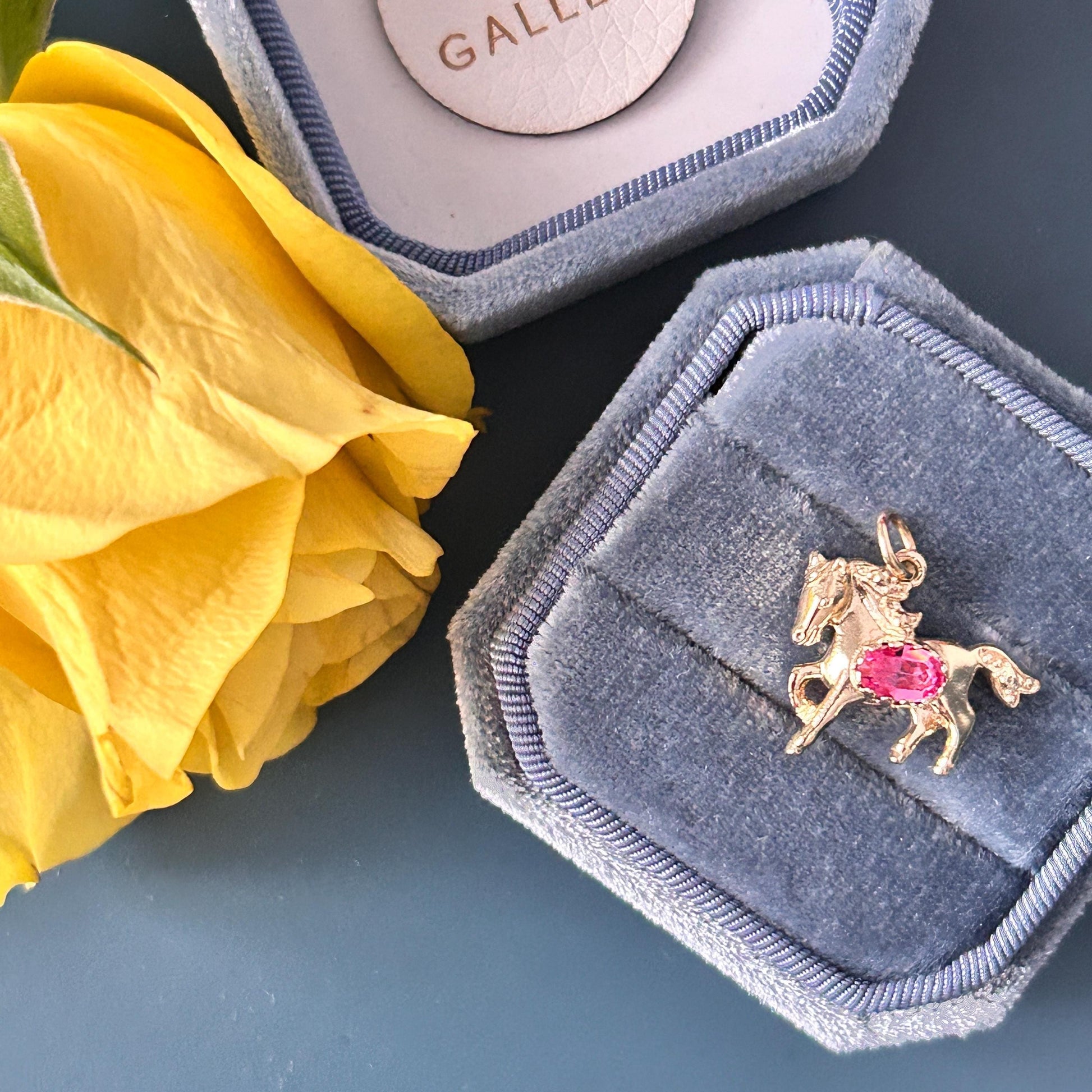 Vintage 9ct Gold Pony with Pink Topaz Pendant - Equestrian Jewellery Horse Charm