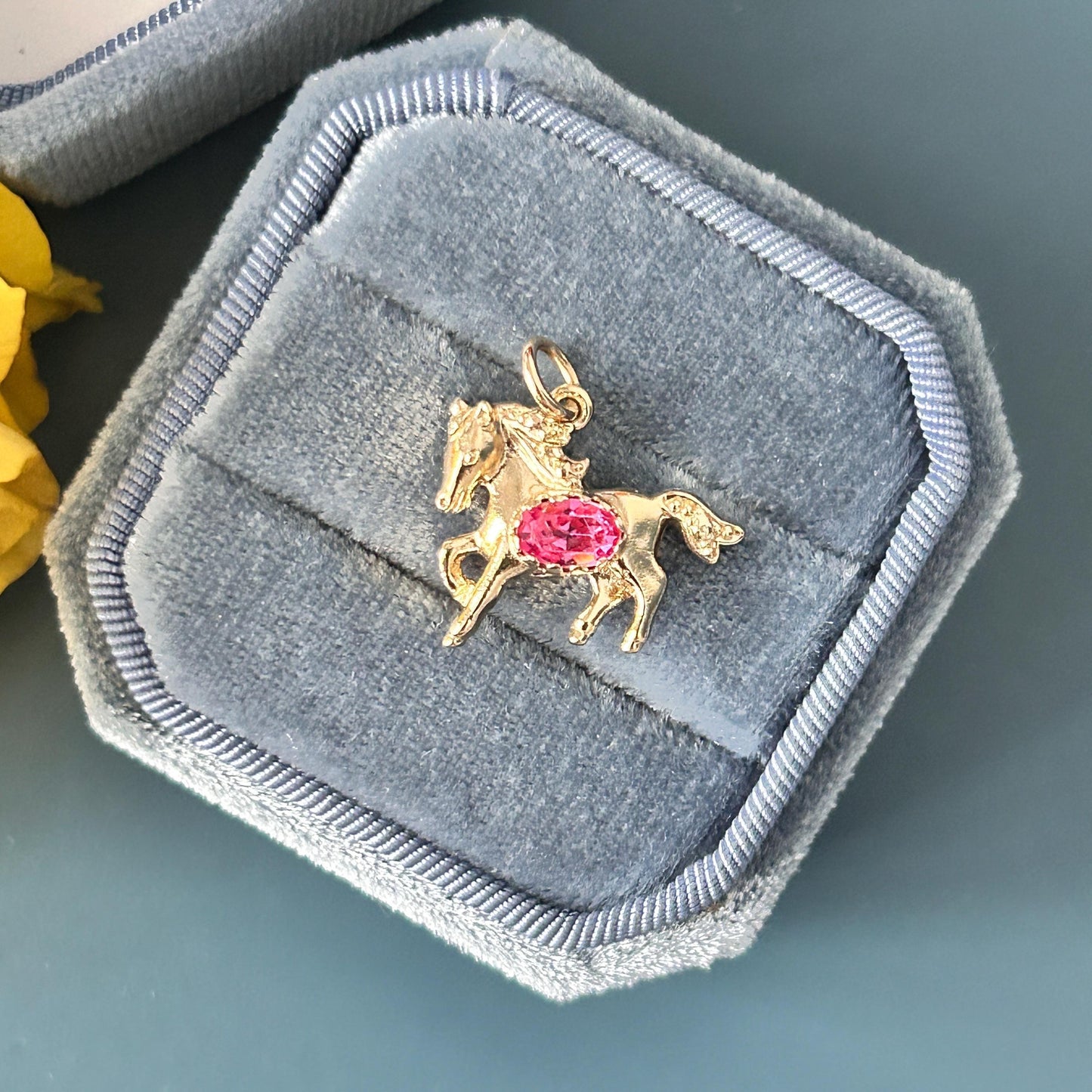 Vintage 9ct Gold Pony with Pink Topaz Pendant - Equestrian Jewellery Horse Charm