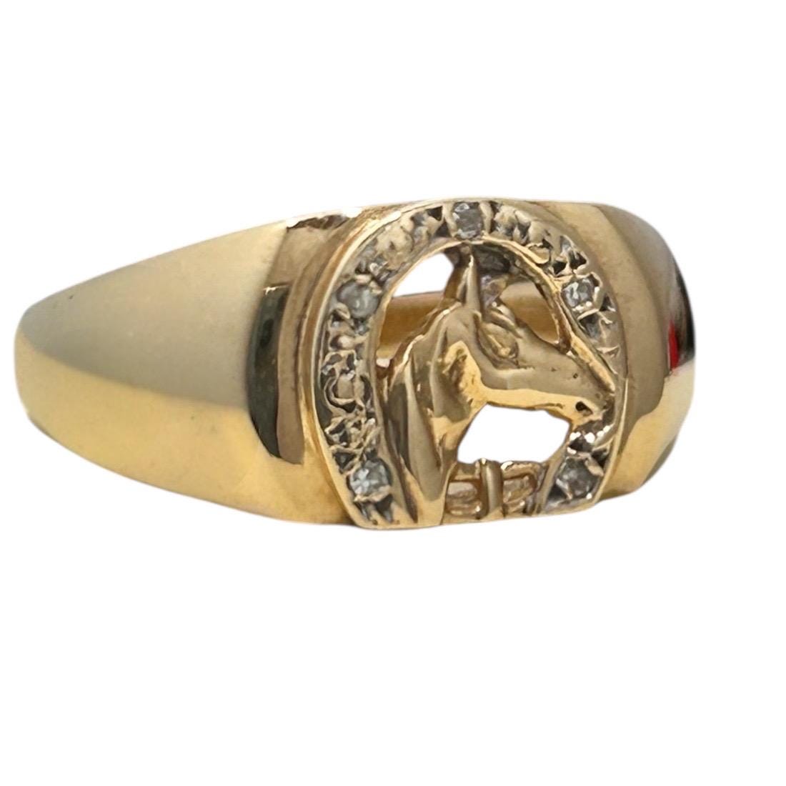 Vintage 9ct Gold Horse Equestrian Ring with Diamonds UK - N / US - 7 - Lucky Horseshoe Jewellery