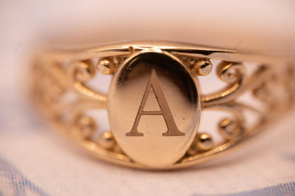 Vintage 14ct Gold Signet Ring Initial 'A' - Size N / US 7 Heirloom jewelry