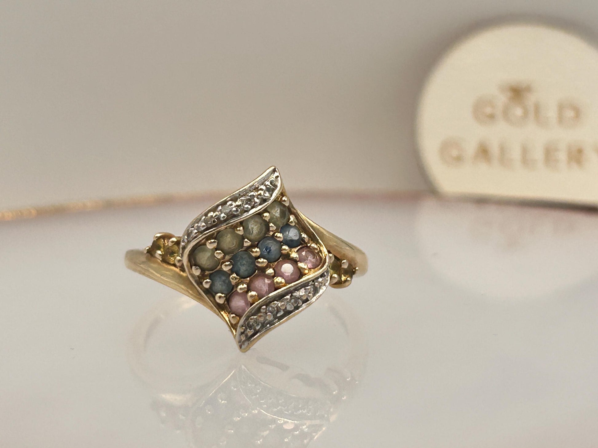 Vintage 9ct Gold Dress Ring with Diamond and Multi Sapphires Size N/ 7 - Cocktail Jewellery