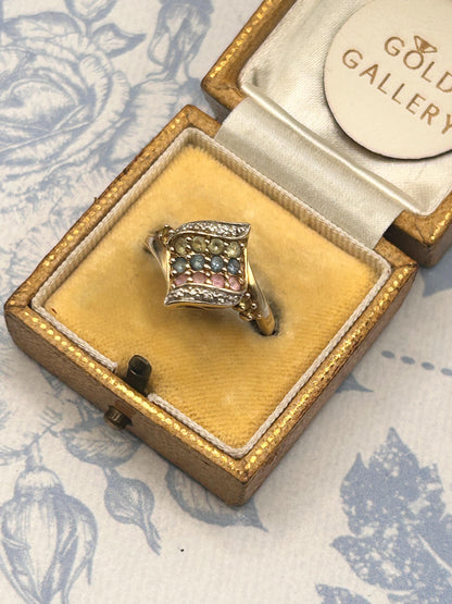 Vintage 9ct Gold Dress Ring with Diamond and Multi Sapphires Size N/ 7 - Cocktail Jewellery
