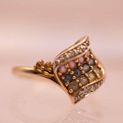 Vintage 9ct Gold Dress Ring with Diamond and Multi Sapphires Size N/ 7 - Cocktail Jewellery