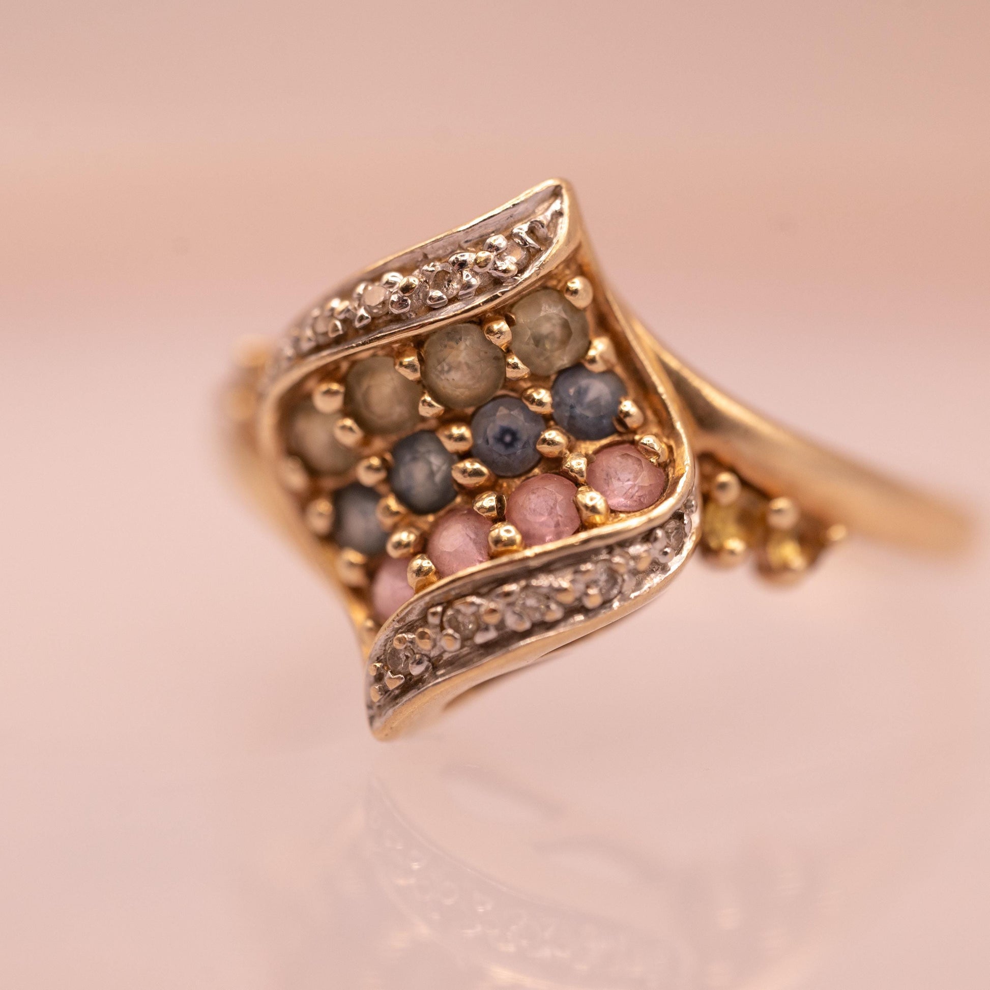 Vintage 9ct Gold Dress Ring with Diamond and Multi Sapphires Size N/ 7 - Cocktail Jewellery