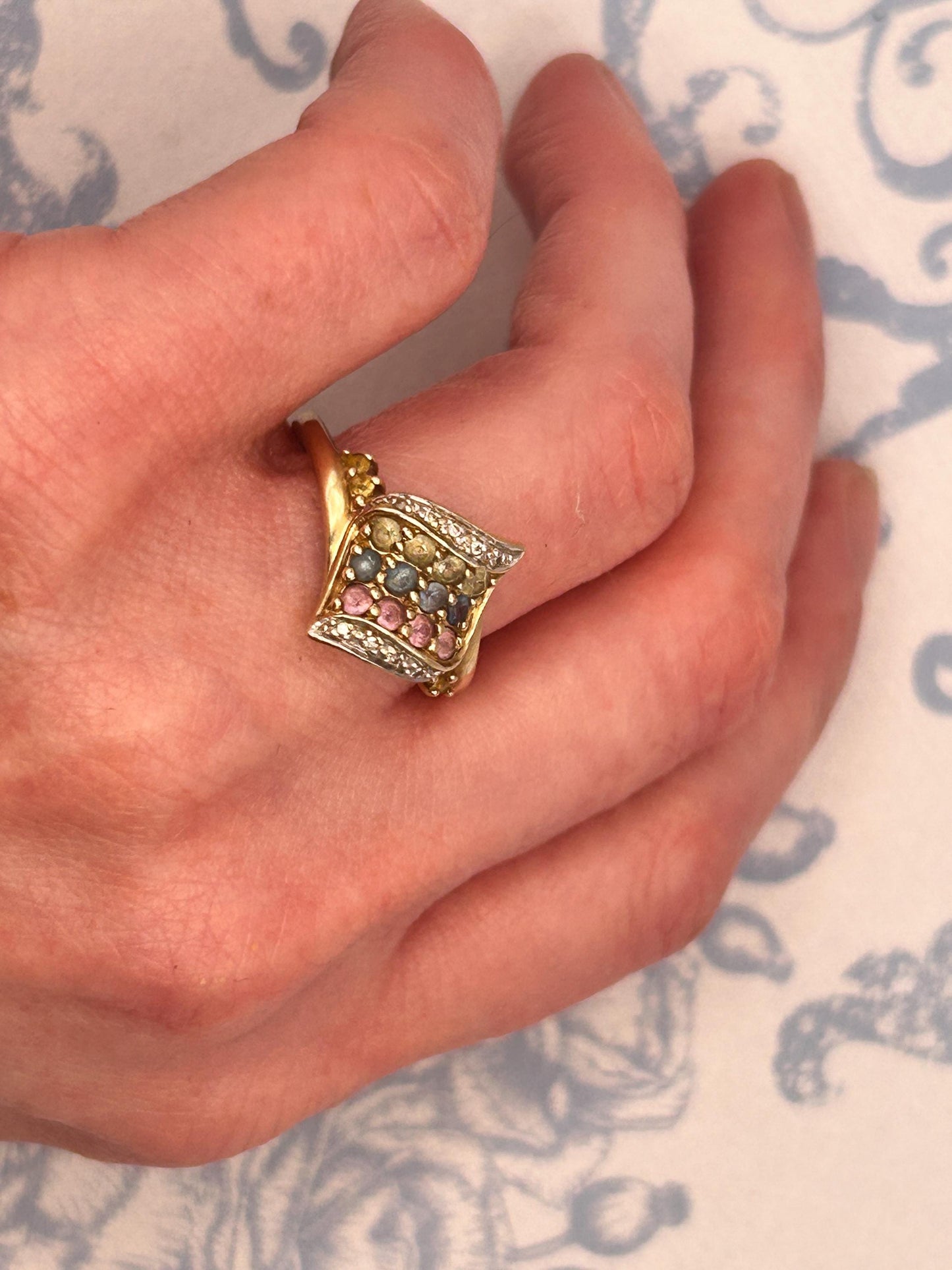 Vintage 9ct Gold Dress Ring with Diamond and Multi Sapphires Size N/ 7 - Cocktail Jewellery